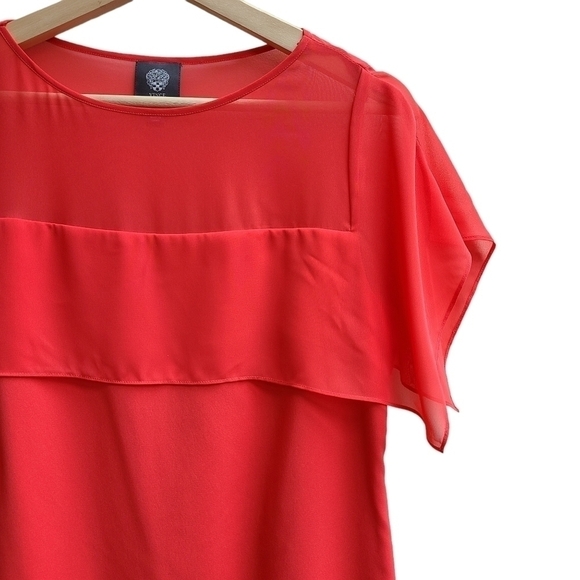 Vince Camuto Coral Shift Dress with Sheer Top Ruffle, Size Medium - Picture 3 of 9